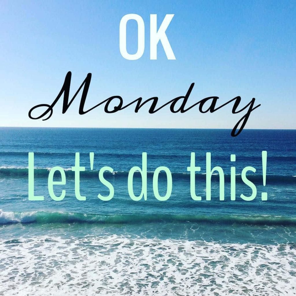 Motivational Monday wallpaper with bold text and serene sunlit ocean waves under clear sky