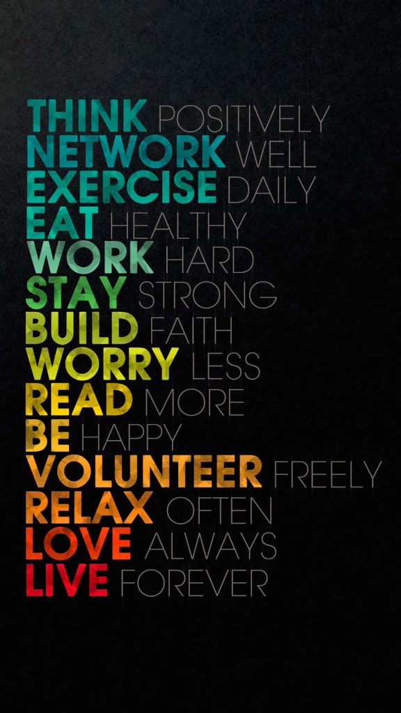 Motivational iPhone wallpaper with teal to red gradient text on dark background displaying life goals
