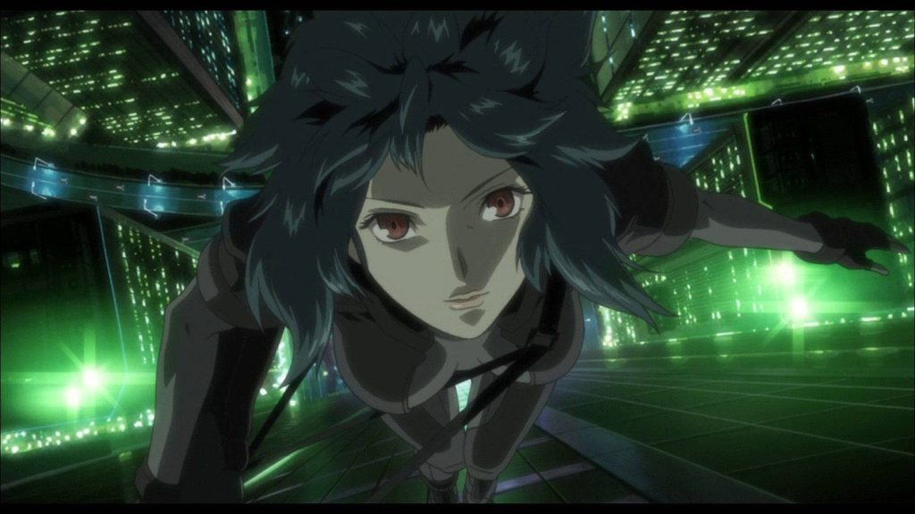Motoko Kusanagi in neon green cyberpunk cityscape Ghost in the Shell anime wallpaper background