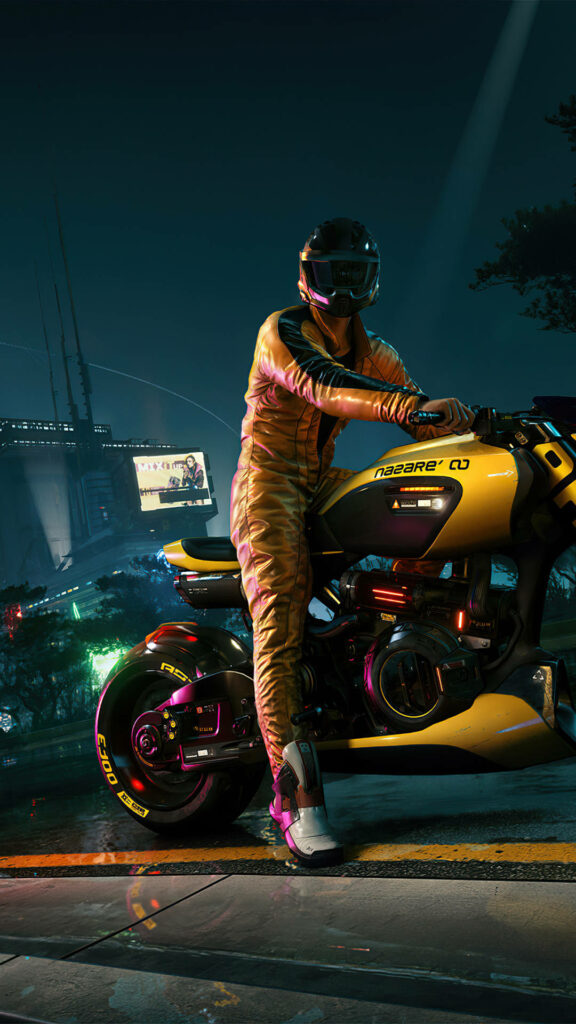 Revving up the Neon Streets: Cyberpunk Biker Stands Tall with Vibrant Bike Wallpaper