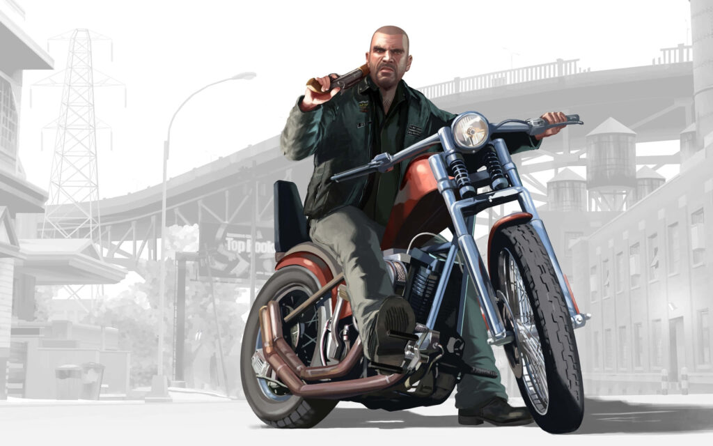 GTA Enthusiast Embracing His Biker Spirit: Man Posed on a Motorcycle with Iconic GTA Bat Wallpaper