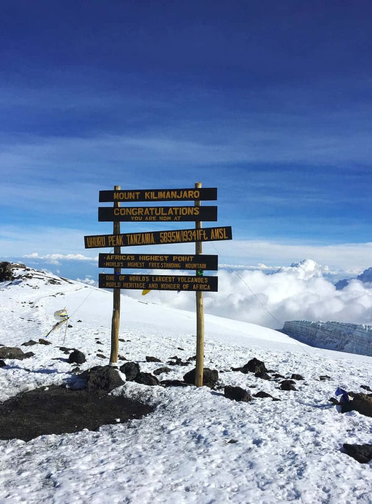 Uhuru Peak summit sign on snow-capped Mount Kilimanjaro under bright blue sky wallpaper