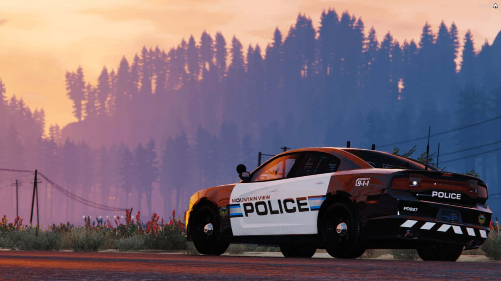 Mount View Police car parked roadside at sunset with pine trees colorful sky Fivem wallpaper