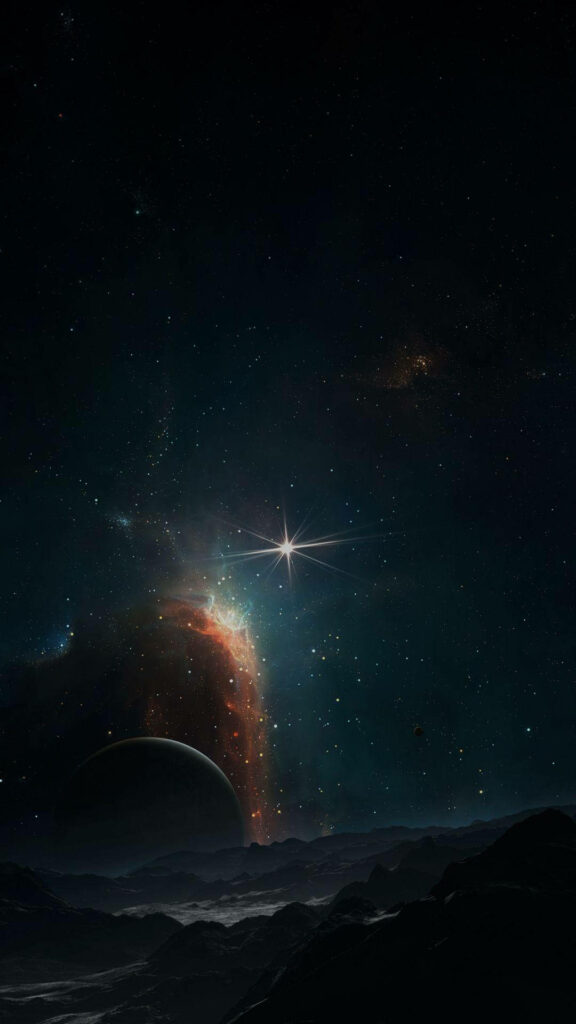 AMOLED cosmic wallpaper with rugged moon surface glowing nebula and bright starburst background