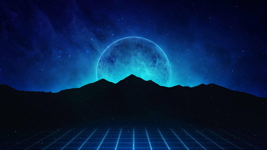 Retro digital art wallpaper dark mountain blue moon starry sky synthwave grid background