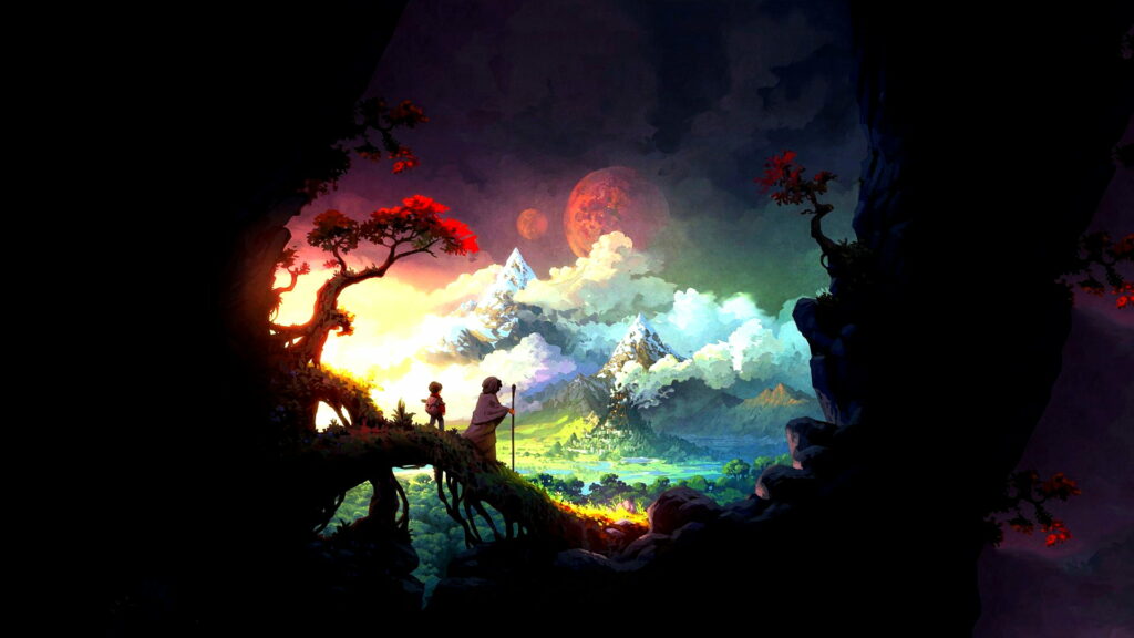 Two travelers on gnarled tree branch overlooking lush valley and snowy peaks under red moon wallpaper