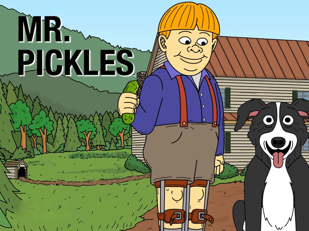 Mr Pickles wallpaper Tommy Goodman with pickle and border collie in rural 2D animated style