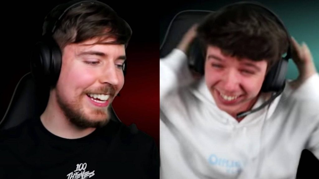 MrBeast in black 100 Thieves tee and Karl Jacobs in white hoodie smiling gaming wallpaper split-screen