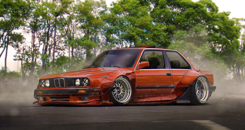 Muddy E30 M3 BMW with racing mods parked outdoors against lush green trees laptop wallpaper