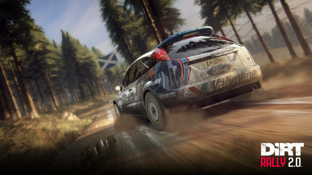 Dirt Rally 2.0 Ford Rally Car Drifting Wallpaper in Forested Setting