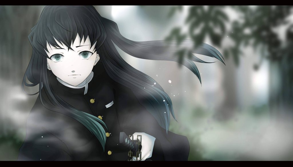 Serene anime wallpaper of Muichiro Tokito Mist Hashira in misty forest holding Nichirin sword