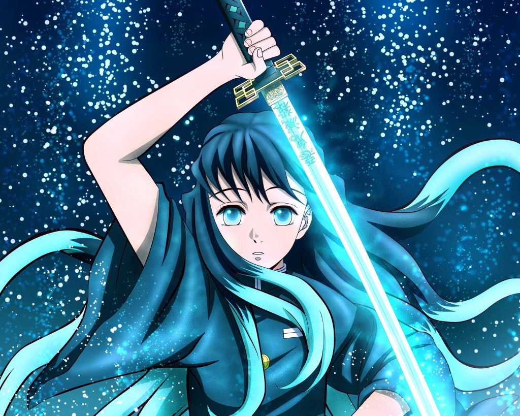 Muichiro Tokito Demon Slayer with glowing blue Nichirin sword cosmic starry wallpaper background