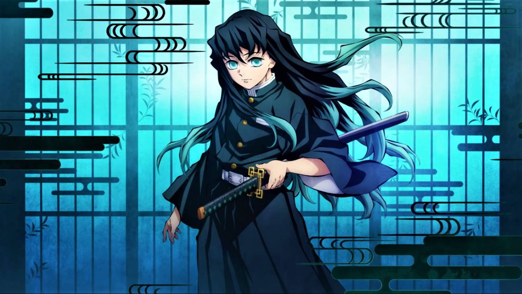Muichiro Tokito Demon Slayer anime wallpaper calm pose cyan glowing shoji screen background