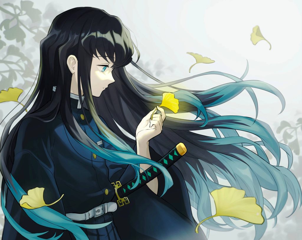 Muichiro Tokito anime wallpaper with teal hair and yellow ginkgo leaves Demon Slayer background