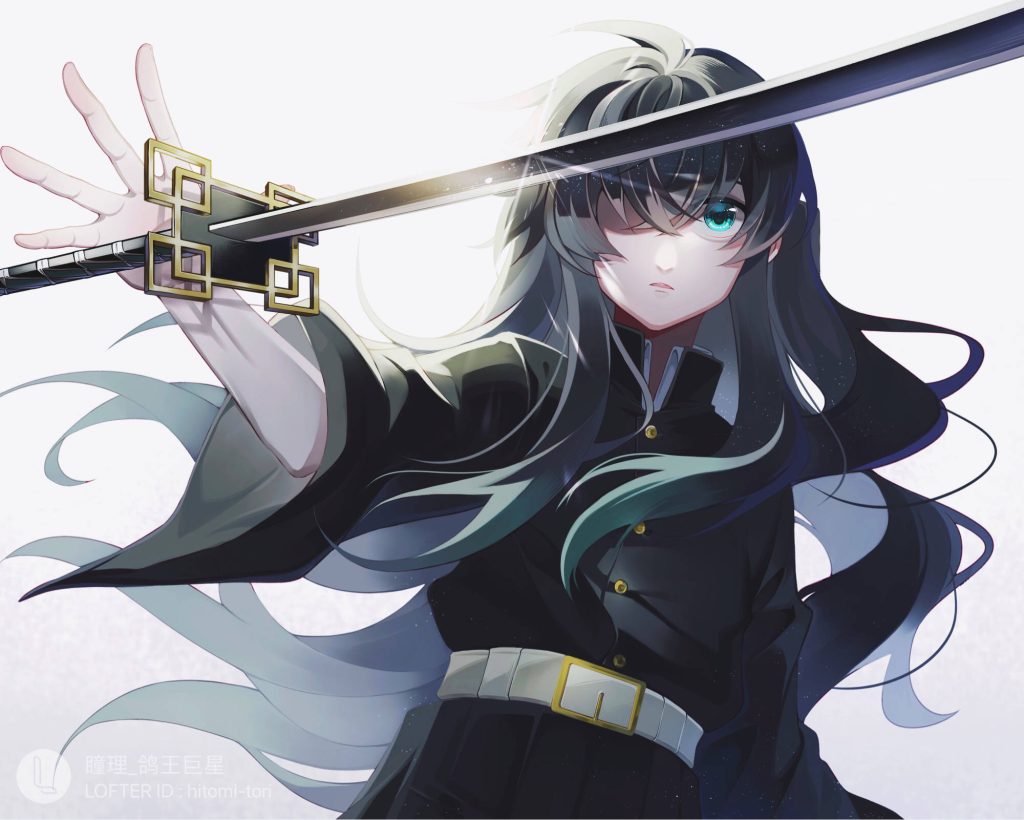 Muichiro Tokito Demon Slayer anime art dynamic pose holding Nichirin sword wallpaper background