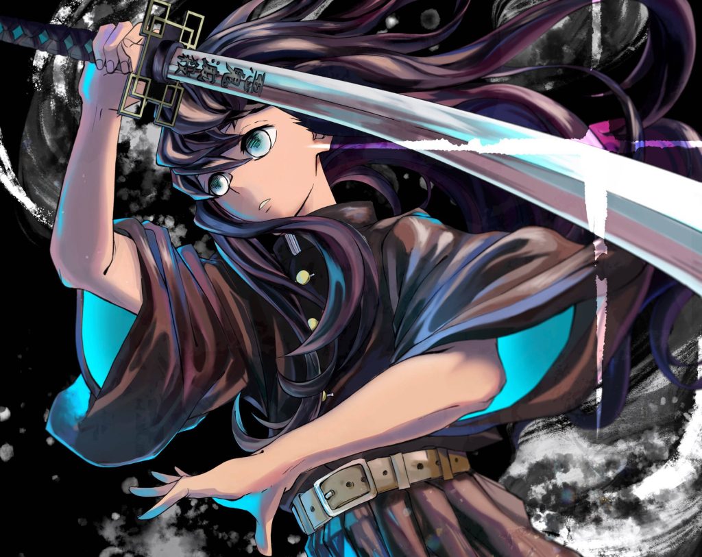 Muichiro Tokito Demon Slayer wallpaper with Nichirin sword blue accents dark artistic background