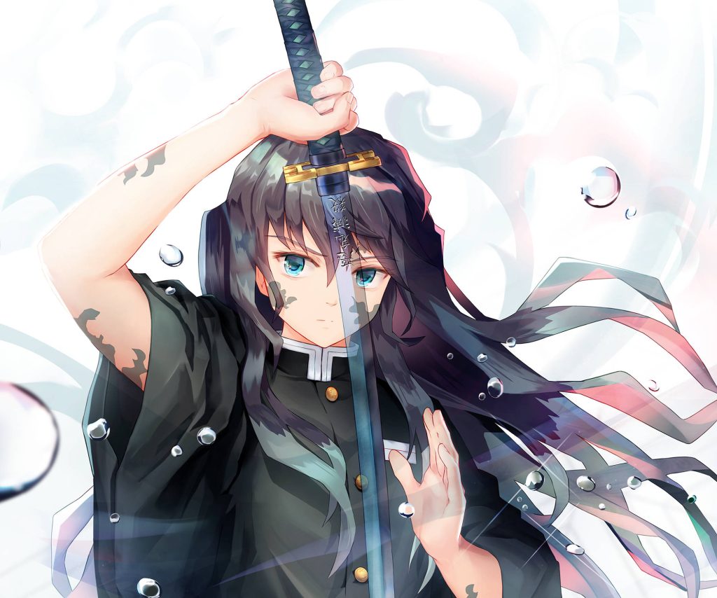 Muichiro Tokito Demon Slayer wallpaper holding Nichirin sword with awakened mark and bubbles
