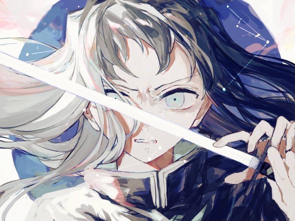 Muichiro Tokito Demon Slayer close-up intense gaze with nichirin sword cool blue tones wallpaper