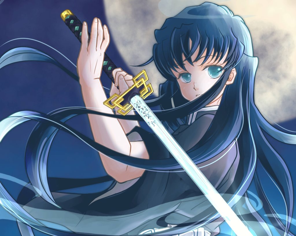 Muichiro Tokito Mist Hashira anime wallpaper glowing full moon Nichirin sword night scene