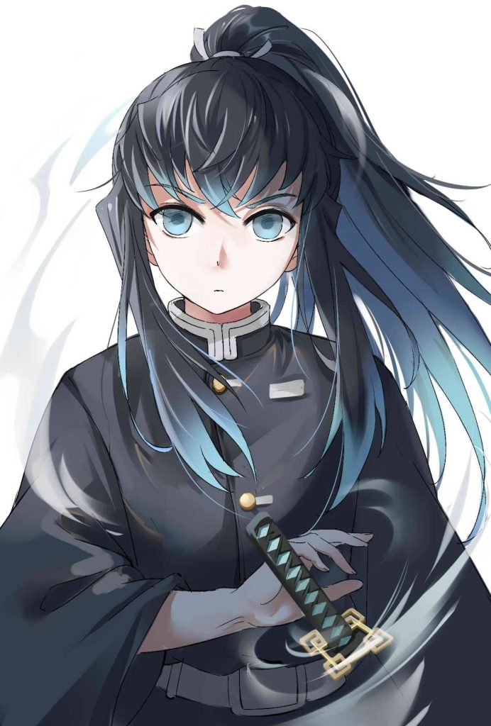 Muichiro Tokito Demon Slayer anime wallpaper with teal hair blue eyes and Nichirin sword background