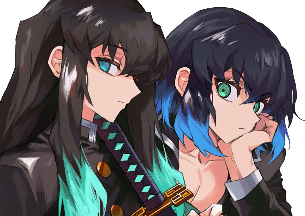 Demon Slayer wallpaper with Muichiro Tokito teal hair and Inosuke Hashibira blue hair desktop background