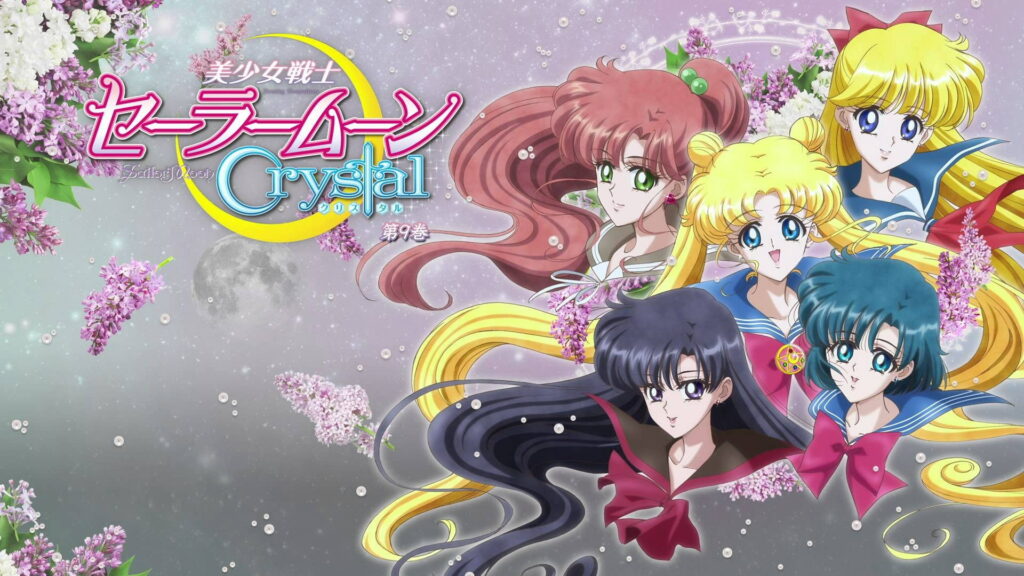 Sailor Moon Crystal wallpaper with Inner Guardians on lavender lilac background and glowing moon