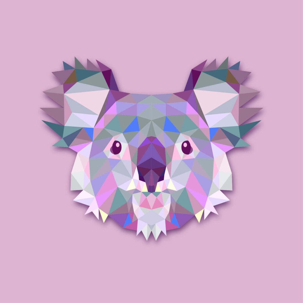 Geometric Koala Art on Pastel Pink: Modern Multicolored Design Wallpaper