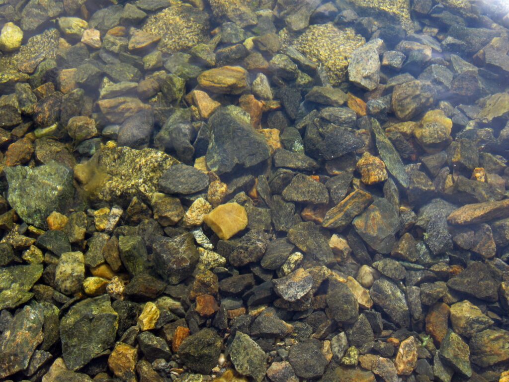 Clear water revealing sharp multicolored stones with natural textures and earthy tones wallpaper