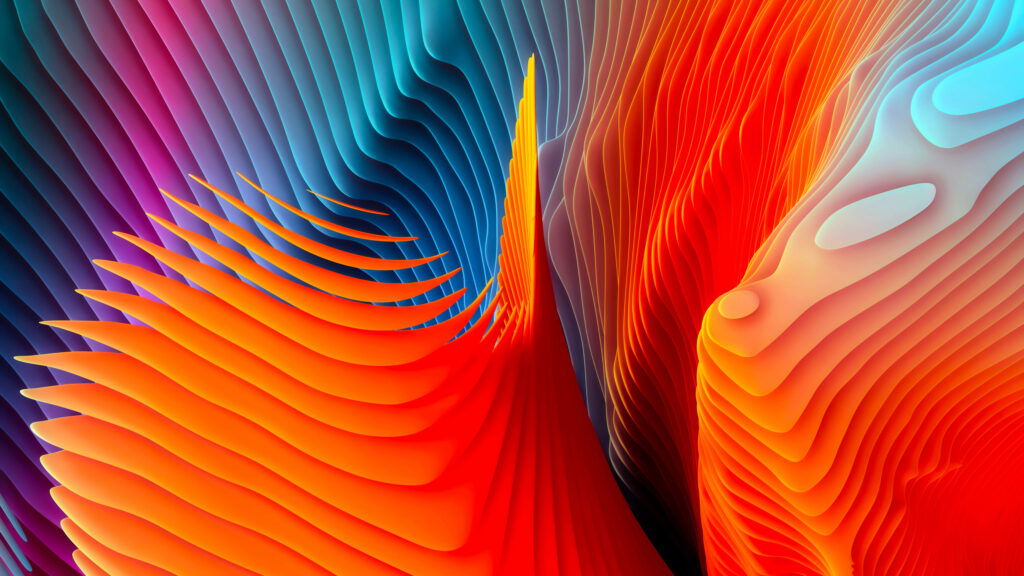 Vibrant macOS Big Sur wallpaper with fluid 3D shapes in deep blue to glowing red abstract design