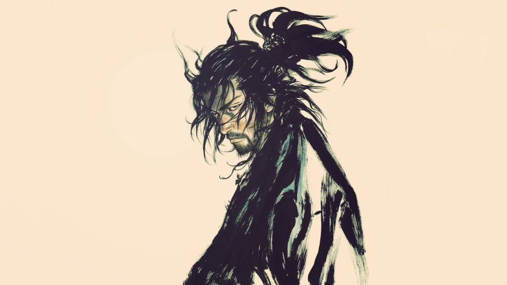 Ink-wash Musashi Miyamoto Vagabond wallpaper with ponytail intense gaze flowing brush strokes cream background