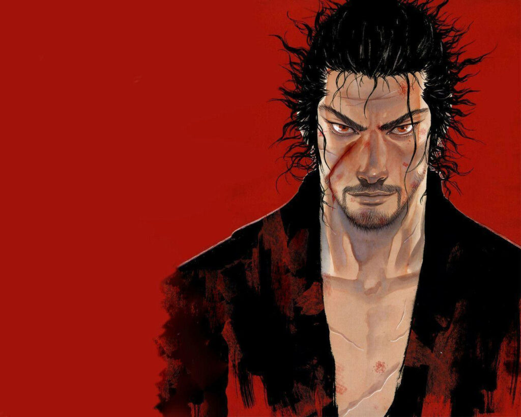 Artistic Tiger: Musashi's Scarred Journey Revealed Amidst Crimson Canvas Wallpaper