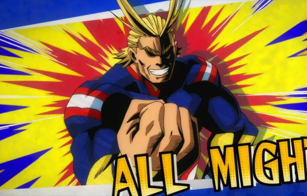 Muscle Form All Might My Hero Academia wallpaper showing heroic pose with vibrant energy background