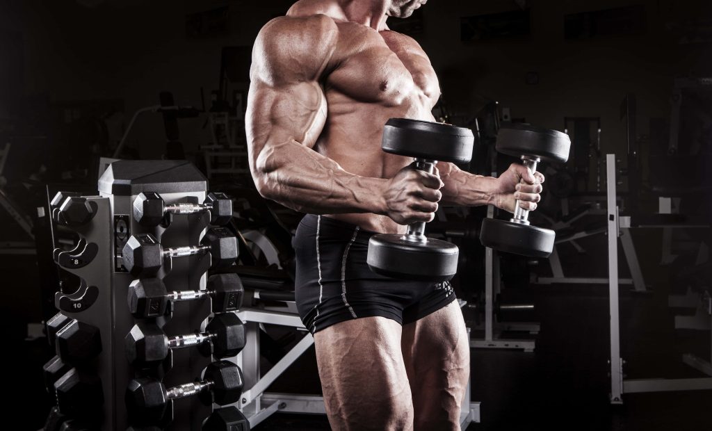 Muscular bodybuilder doing heavy bicep curls in gym with dramatic lighting fitness motivation wallpaper