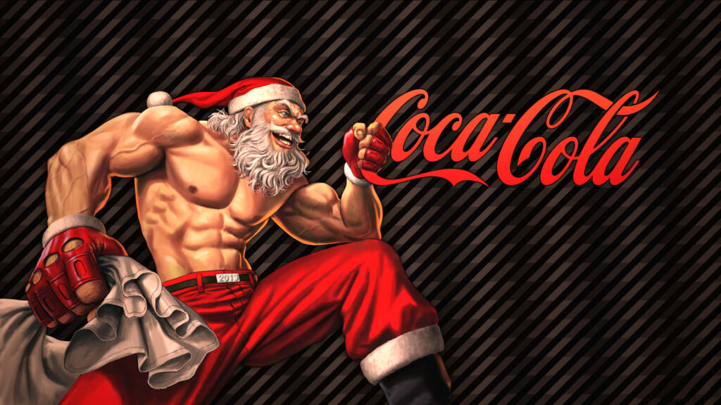 Muscular Santa Claus in red next to bold Coca-Cola logo on dark striped festive comic background Wallpaper