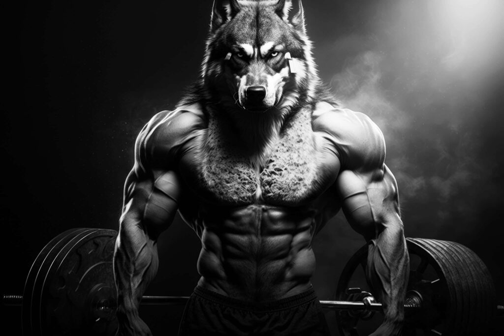 Muscular Anthropomorphic Wolf Lifting Weights - Intense Wallpaper