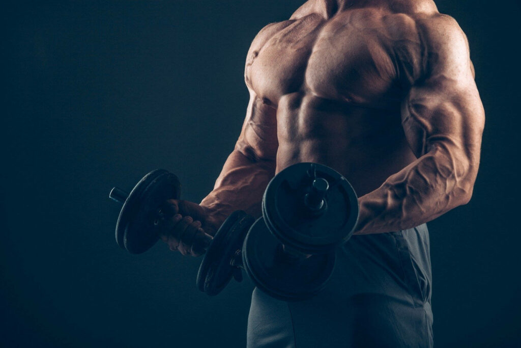 Muscular bodybuilder doing dumbbell bicep curl with intense focus and defined muscles dark background Wallpaper
