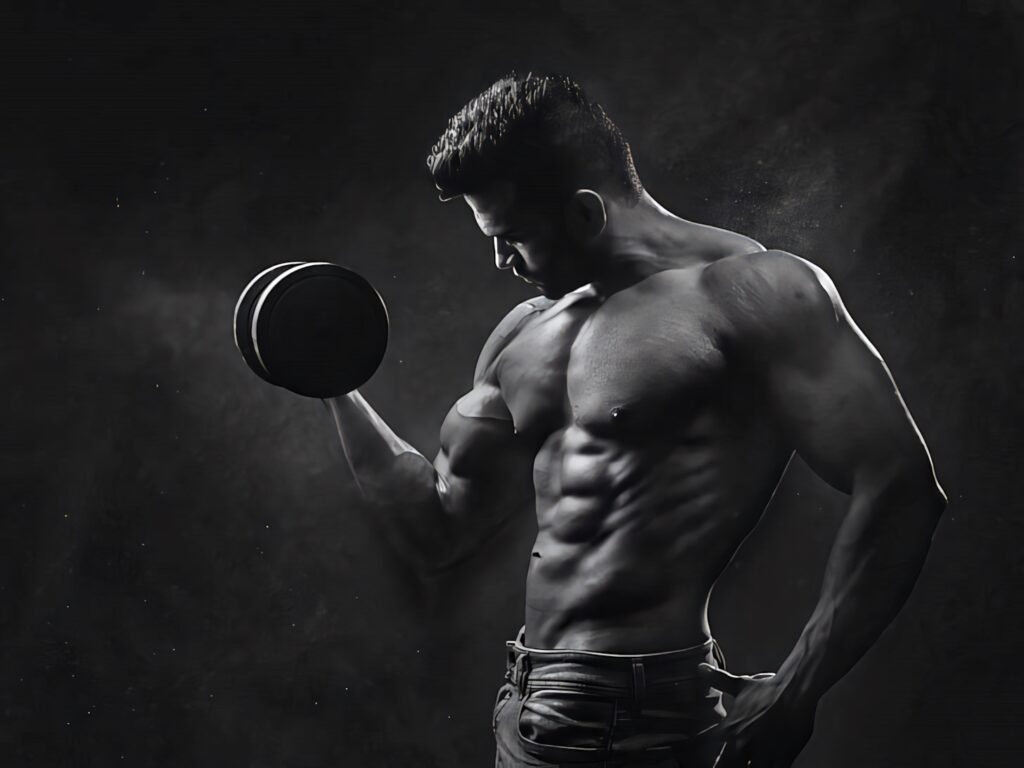 Muscular bodybuilder lifting heavy dumbbell showcasing sculpted physique dark dramatic background Wallpaper