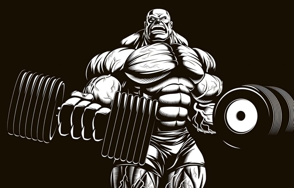 Muscular bodybuilder lifting heavy dumbbells bold graphic strength wallpaper background