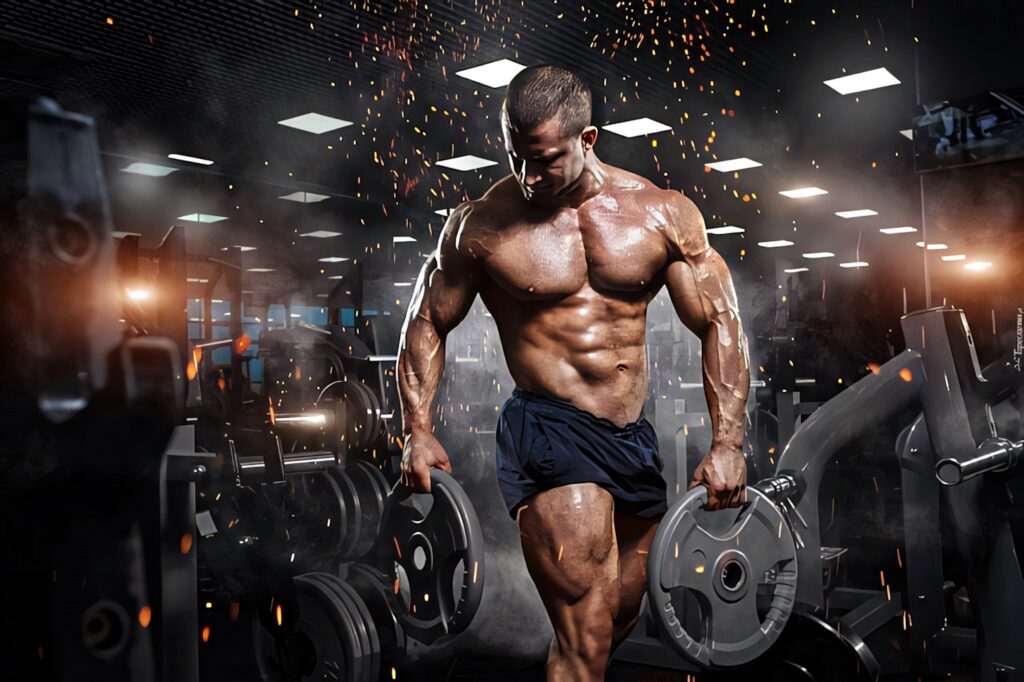 Muscular bodybuilder lifting heavy weights in gym with dramatic lighting and sparks background Wallpaper