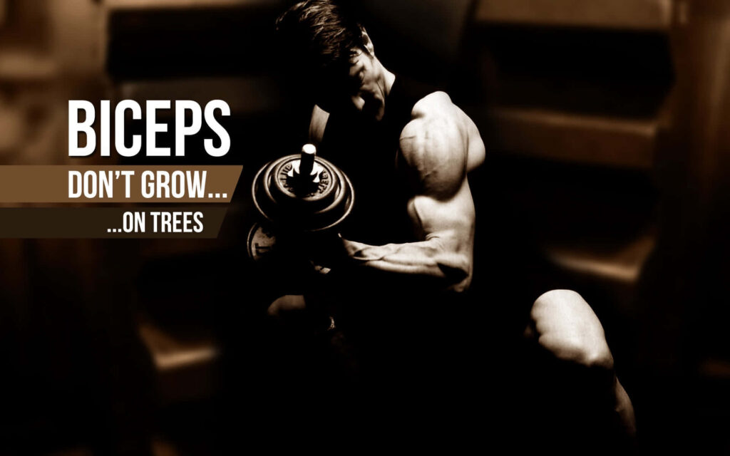 Muscular bodybuilder intensely training biceps with dumbbell showcasing dedication and strength Wallpaper