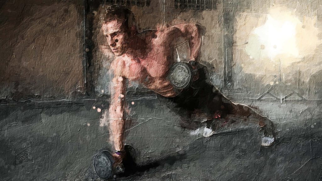 Abstract painting of muscular man doing renegade row with gritty gym lighting and texture Wallpaper