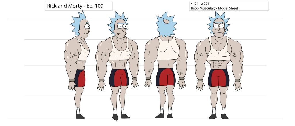 Rick and Morty wallpaper showcasing muscular Rick Sanchez official model sheet in 4K desktop background
