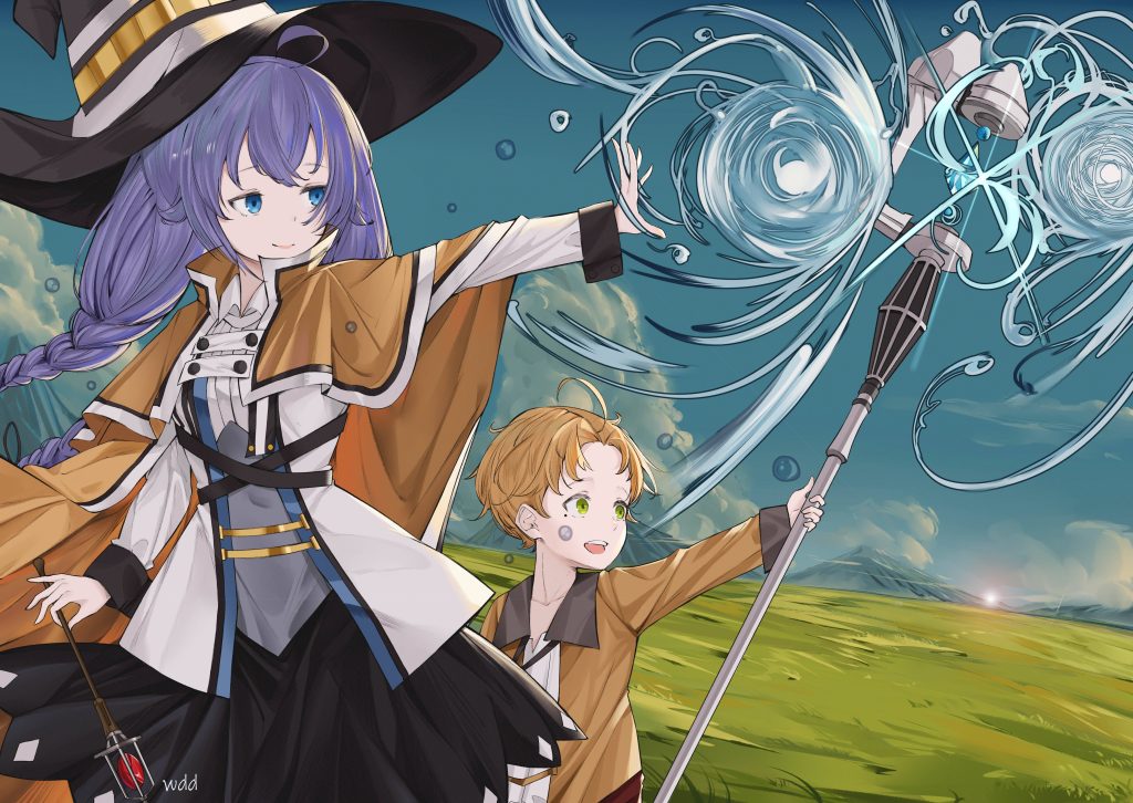 Mushoku Tensei wallpaper young Rudeus and Roxy casting water magic in grassy landscape