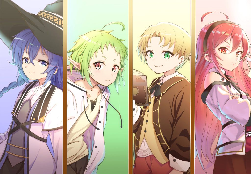 Mushoku Tensei wallpaper with Roxy Sylphiette young Rudeus Eris pastel anime collage art