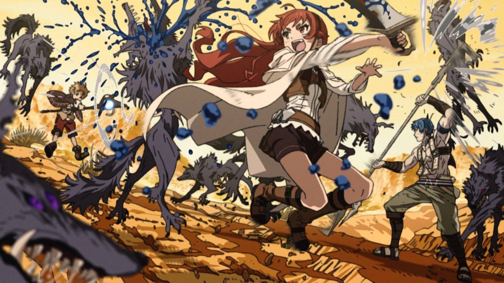 Mushoku Tensei anime desert battle Eris Ruijerd Rudeus fight savage monsters dynamic wallpaper