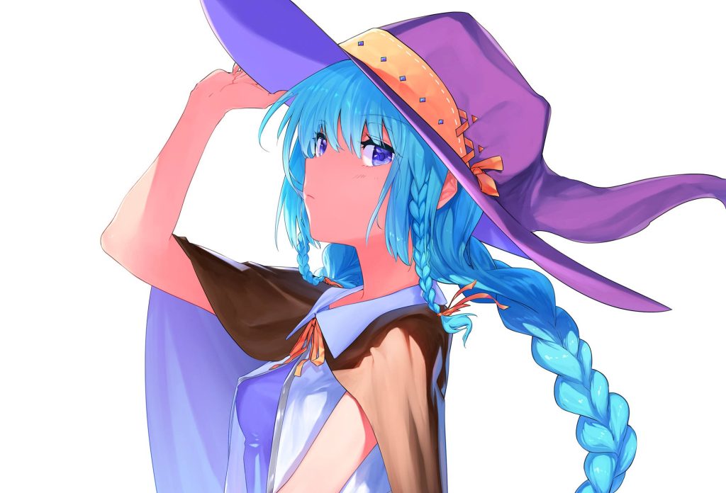 Vibrant Mushoku Tensei fan art wallpaper of Roxy Migurdia with braided blue hair and purple hat