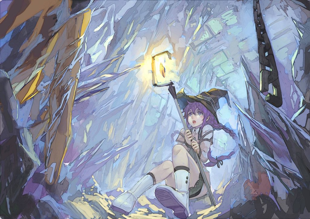Roxy Migurdia in Mushoku Tensei exploring blue crystalline cavern with glowing magic staff wallpaper