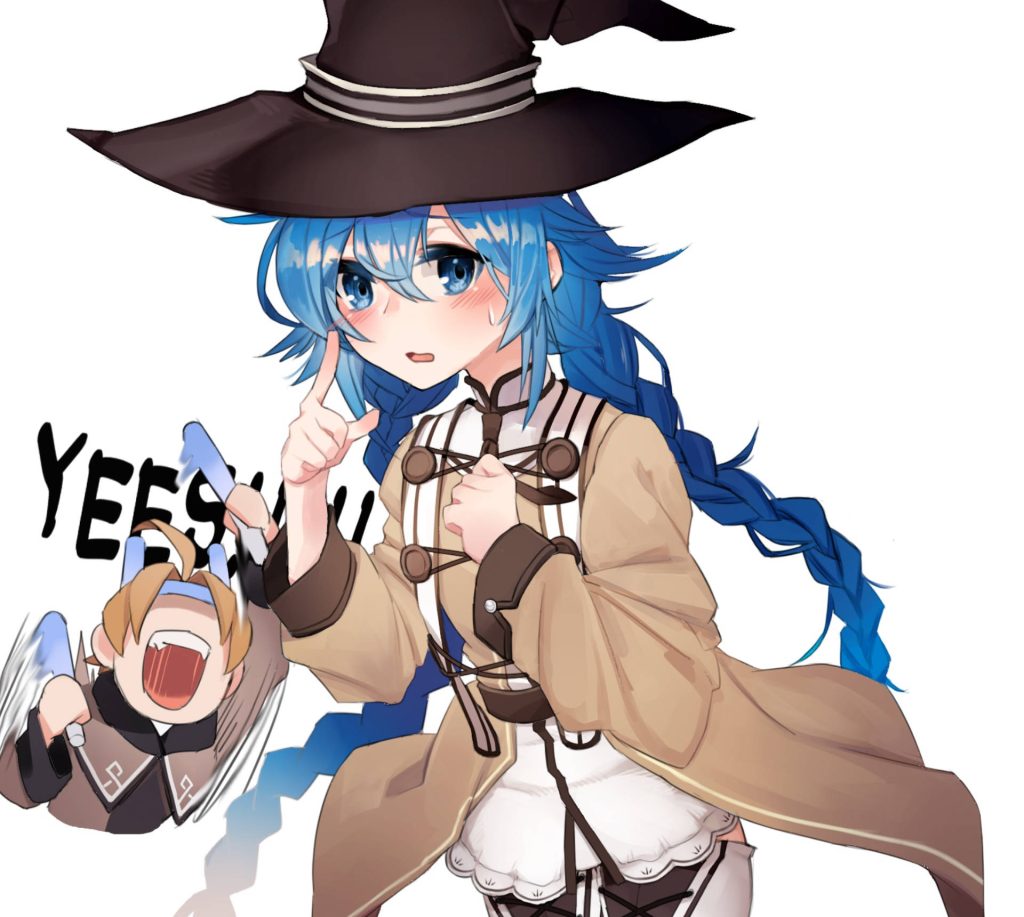 Mushoku Tensei wallpaper with Roxy Migurdia blue braids witch hat and chibi Rudeus shouting YES