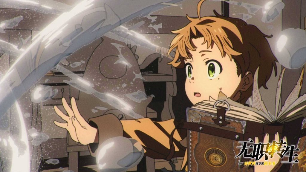 Rudeus Greyrat casting water magic with ancient grimoire warm fantasy anime wallpaper background