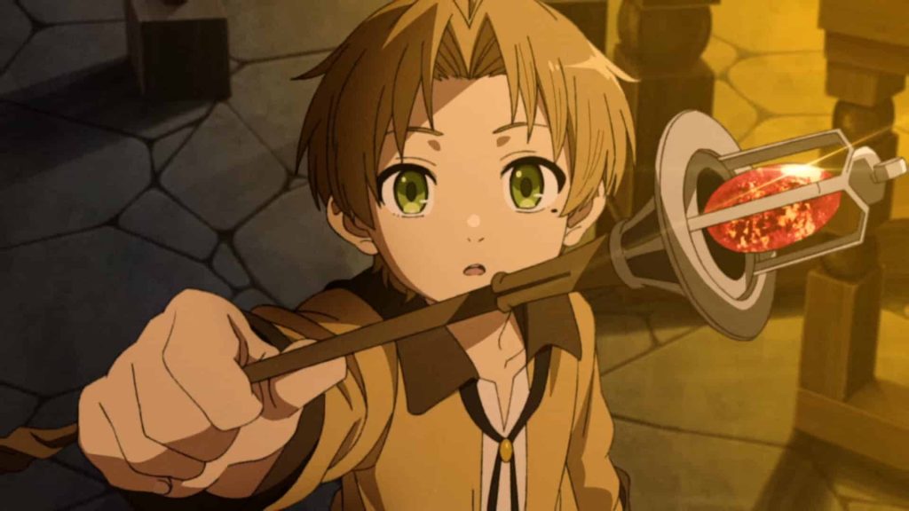 Young Rudeus Greyrat holding glowing magic staff with red crystal Mushoku Tensei wallpaper